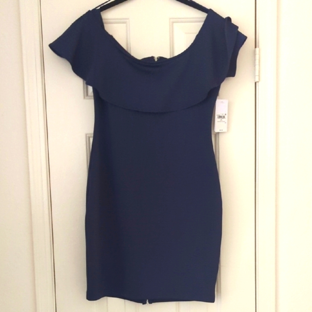 Guess Navy Blue Off the Shoulder Mini Dress